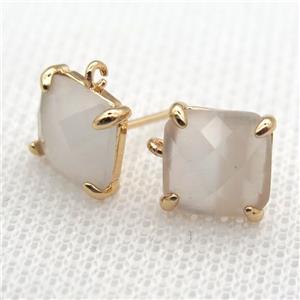 copper square stud Earrings with white crystal glass, gold plated, approx 9x9mm