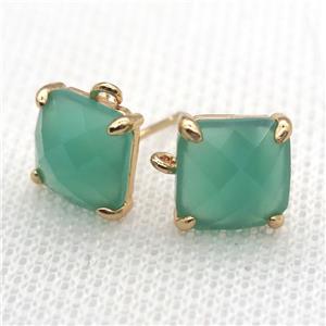 copper square stud Earrings with green crystal glass, gold plated, approx 9x9mm