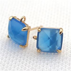 copper square stud Earrings with blue crystal glass, gold plated, approx 9x9mm