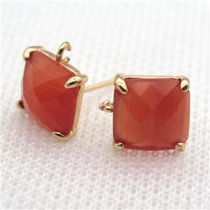copper square stud Earrings with red crystal glass, gold plated, approx 9x9mm
