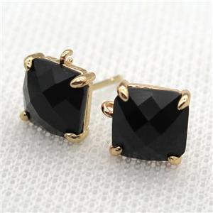 copper square stud Earrings with black crystal glass, gold plated, approx 9x9mm