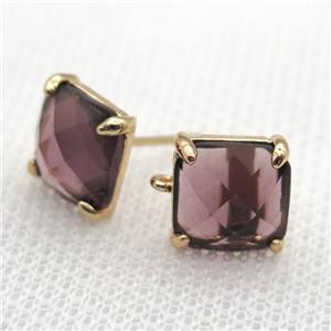 copper square stud Earrings with purple crystal glass, gold plated, approx 9x9mm