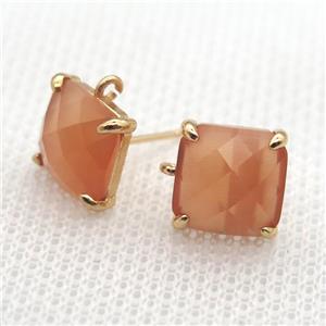 copper square stud Earrings with orange crystal glass, gold plated, approx 9x9mm
