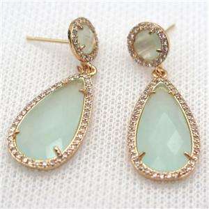 copper teardrop stud Earrings pave zircon with lt.green crystal glass, gold plated, approx 14-25mm, 10mm