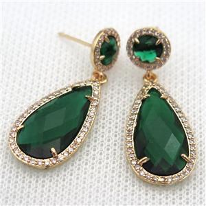 copper teardrop stud Earrings pave zircon with deepgreen crystal glass, gold plated, approx 14-25mm, 10mm