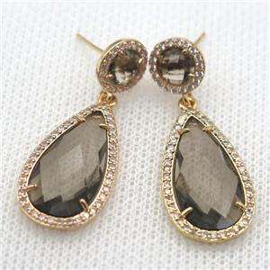 copper teardrop stud Earrings pave zircon with gray crystal glass, gold plated, approx 14-25mm, 10mm