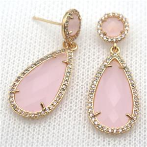 copper teardrop stud Earrings pave zircon with pink crystal glass, gold plated, approx 14-25mm, 10mm