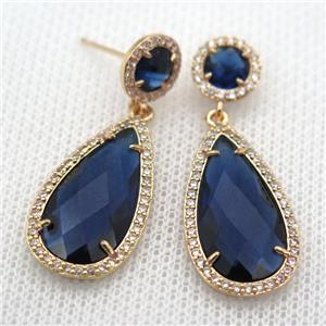 copper teardrop stud Earrings pave zircon with blue crystal glass, gold plated, approx 14-25mm, 10mm