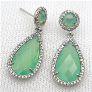 copper teardrop stud Earrings pave zircon with green crystal glass, platinum plated, approx 14-25mm, 10mm