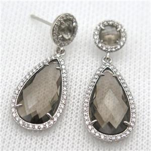 copper teardrop stud Earrings pave zircon with gray crystal glass, platinum plated, approx 14-25mm, 10mm