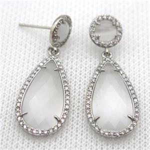 copper teardrop stud Earrings pave zircon with white crystal glass, platinum plated, approx 14-25mm, 10mm