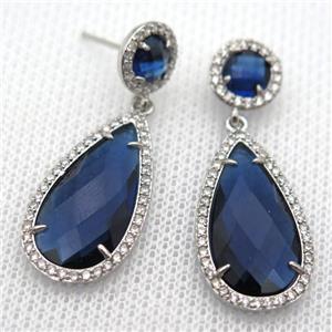 copper teardrop stud Earrings pave zircon with blue crystal glass, platinum plated, approx 14-25mm, 10mm