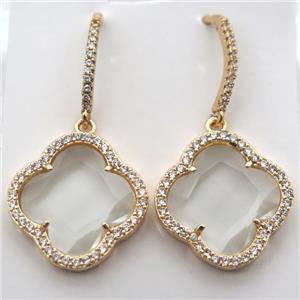 copper clover Hoop Earrings pave zircon with white crystal glass, gold plated, approx 20mm dia