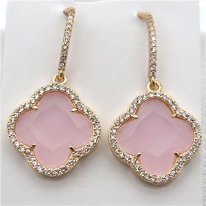 copper clover Hoop Earrings pave zircon with pink crystal glass, gold plated, approx 20mm dia