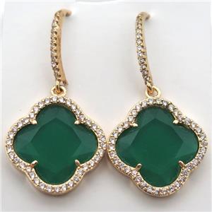 copper clover Hoop Earrings pave zircon with green crystal glass, gold plated, approx 20mm dia