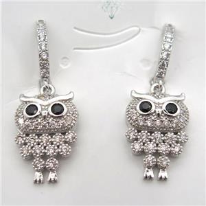 copper owl Hoop Earrings pave zircon, platinum plated, approx 13-18mm