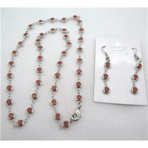 copper Jewelry Sets with orange zircon, platinum plated, approx 6mm, 48cm length, earring: 35mm