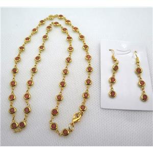 copper Jewelry Sets with orange zircon, gold plated, approx 6mm, 48cm length, earring: 35mm