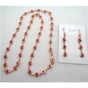 copper Jewelry Sets with orange zircon, rose gold, approx 6mm, 48cm length, earring: 35mm