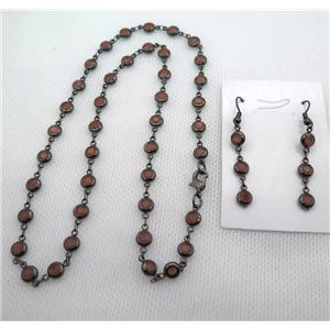 copper Jewelry Sets with orange zircon, black plated, approx 6mm, 48cm length, earring: 35mm