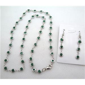 copper Jewelry Sets with green zircon, platinum plated, approx 6mm, 48cm length, earring: 35mm