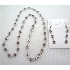 copper Jewelry Sets with purple zircon, platinum plated, approx 6mm, 48cm length, earring: 35mm