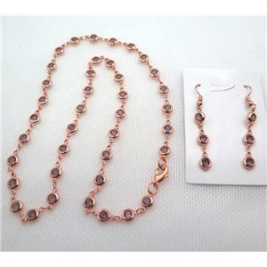 copper Jewelry Sets with purple zircon, rose gold, approx 6mm, 48cm length, earring: 35mm