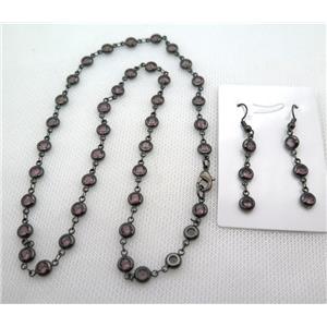 copper Jewelry Sets with purple zircon, black plated, approx 6mm, 48cm length, earring: 35mm