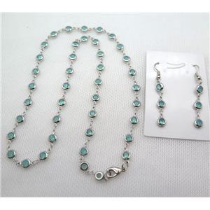 copper Jewelry Sets with green zircon, platinum plated, approx 6mm, 48cm length, earring: 35mm
