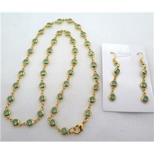 copper Jewelry Sets with green zircon, gold plated, approx 6mm, 48cm length, earring: 35mm