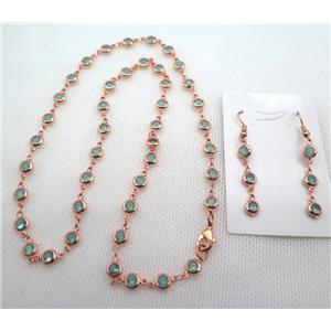 copper Jewelry Sets with green zircon, rose gold, approx 6mm, 48cm length, earring: 35mm