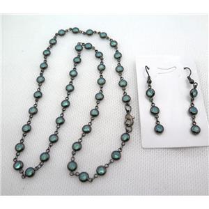 copper Jewelry Sets with green zircon, black plated, approx 6mm, 48cm length, earring: 35mm