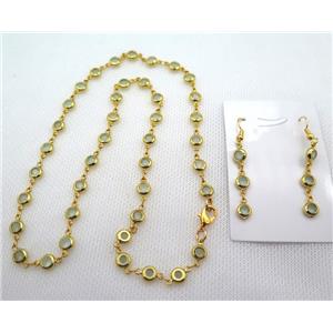 copper Jewelry Sets with zircon, gold plated, approx 6mm, 48cm length, earring: 35mm