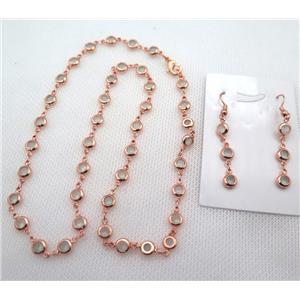 copper Jewelry Sets with zircon, rose gold, approx 6mm, 48cm length, earring: 35mm