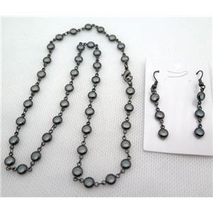 copper Jewelry Sets with zircon, black plated, approx 6mm, 48cm length, earring: 35mm