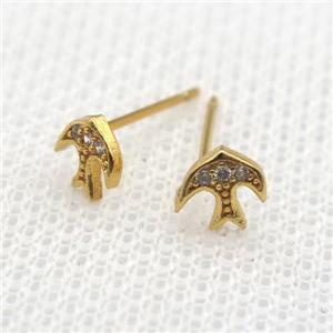 copper Studs Earrings pave zircon, swallow, gold plated, approx 6mm dia