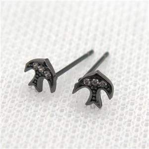 copper Studs Earrings pave zircon, swallow, black plated, approx 6mm dia