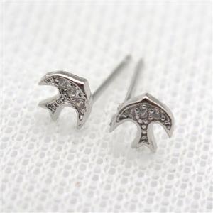 copper Studs Earrings pave zircon, swallow, platinum plated, approx 6mm dia