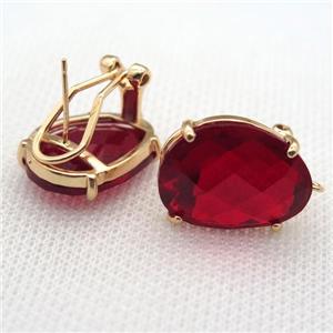 copper clip Earrings with red crystal glass, gold plated, approx 15-20mm