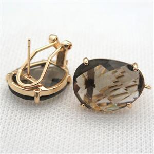 copper clip Earrings with gray crystal glass, gold plated, approx 15-20mm