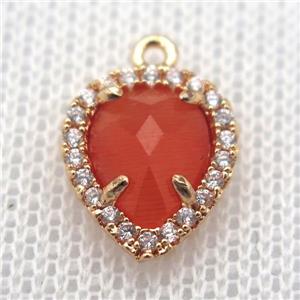 copper teardrop pendant pave zircon with red crystal glass, gold plated, approx 11-14mm