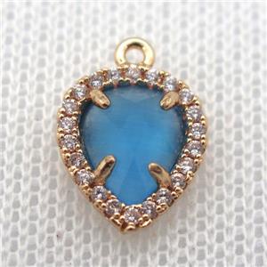 copper teardrop pendant pave zircon with blue crystal glass, gold plated, approx 11-14mm