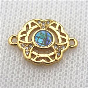 copper connector paved zircon with abalone shell, gold plated, approx 14mm dia