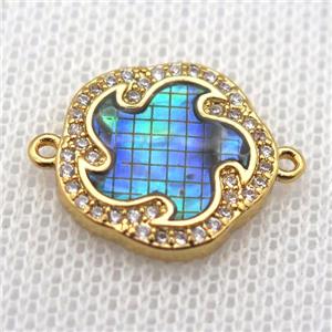 copper connector paved zircon with abalone shell, gold plated, approx 15mm dia