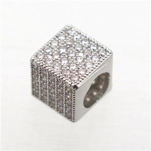 European Style copper beads paved zircon, cube, platinum plated, approx 8x8x8mm, 5mm hole