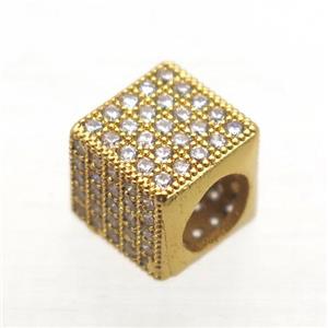 European Style copper beads paved zircon, cube, gold plated, approx 8x8x8mm, 5mm hole
