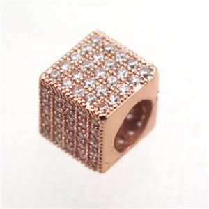 European Style copper beads paved zircon, cube, rose gold, approx 8x8x8mm, 5mm hole