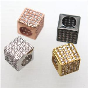 European Style copper beads paved zircon, cube, mix color, approx 8x8x8mm, 5mm hole