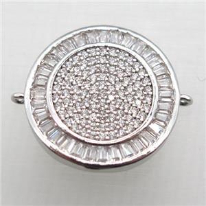 copper circle connector paved zircon, platinum plated, approx 19mm dia
