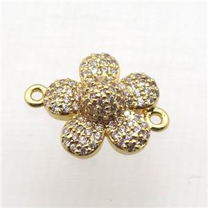 copper flower connector paved zircon, gold plated, approx 14mm dia